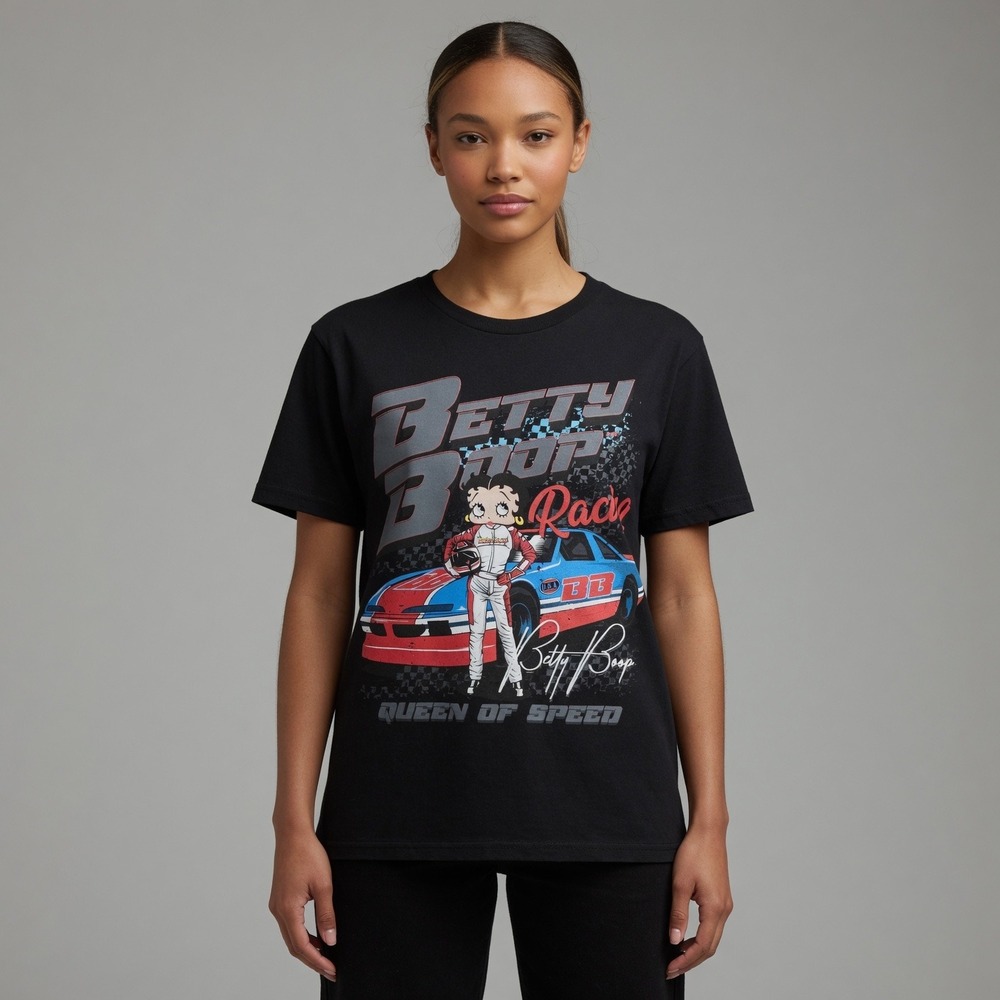 Fleischer Studios Betty Boop Racing T-Shirt Womens M Black Cotton Queen of Speed